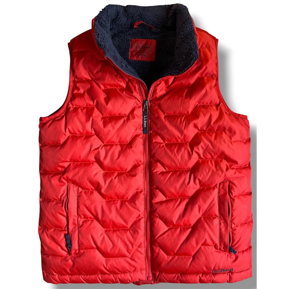 LL Bean Kids Red Puffer Vest Sherpa Lined Quilted Full Zip Size L 14-16